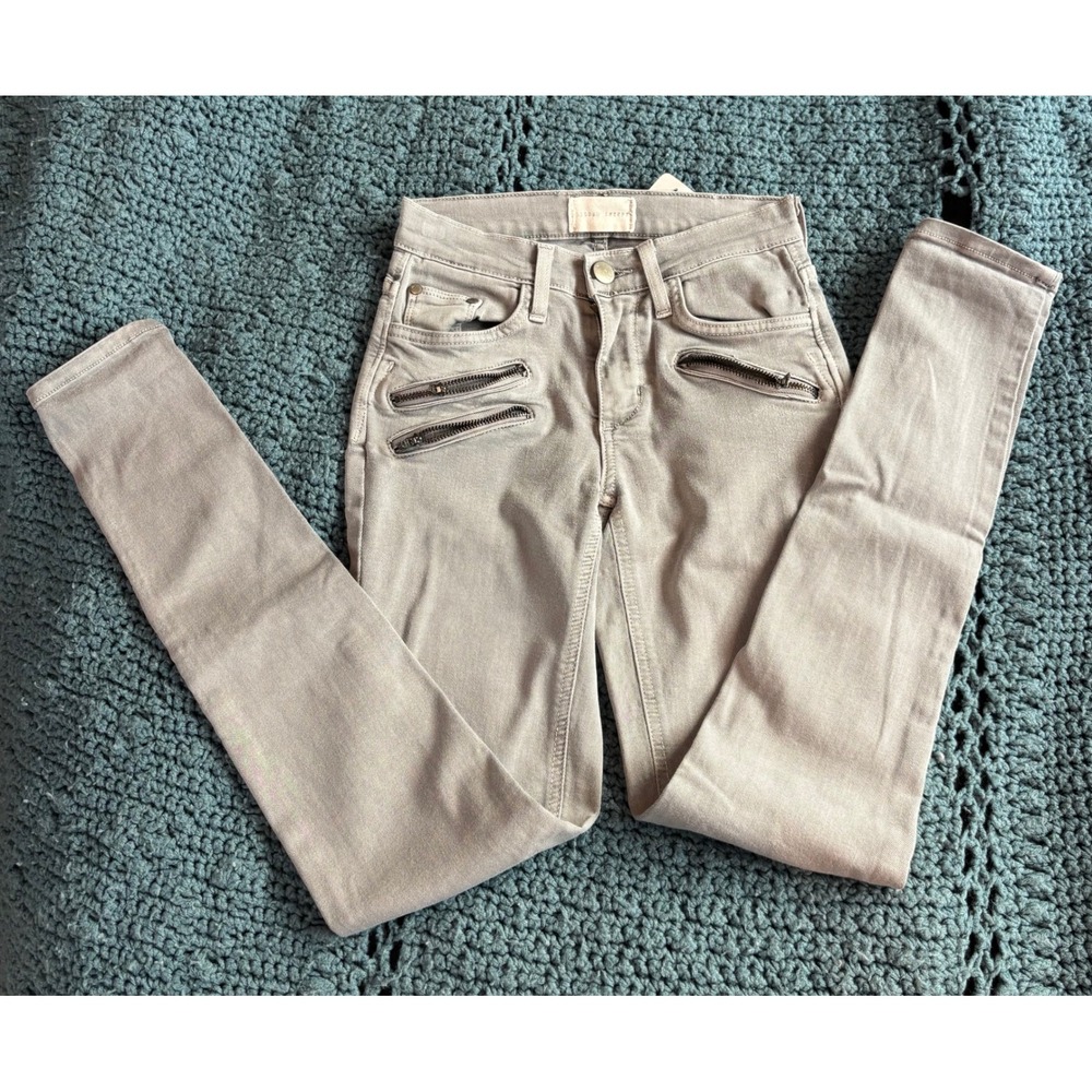 Mother Denim Skinny Jeans Tan Taupe Moto Zipper Pocket Stretch Pants Womens